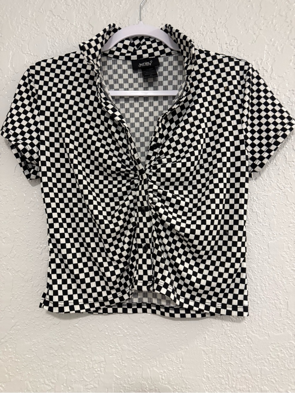 Checkerboard Twist-Front Crop Top in Black & White